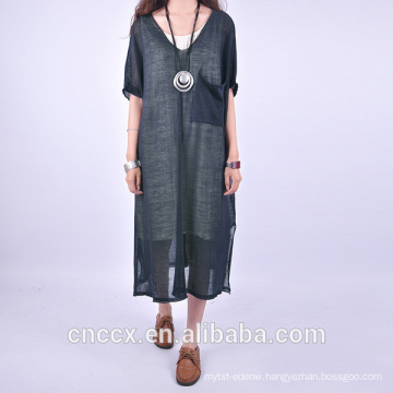 15STC2218 deep v neck short sleeves knit linen dress